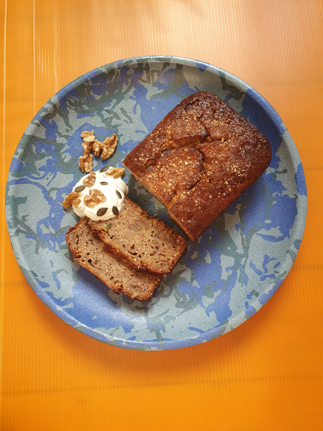 Ginger, Oat & Walnut Banana Bread with yoghurt and seeds