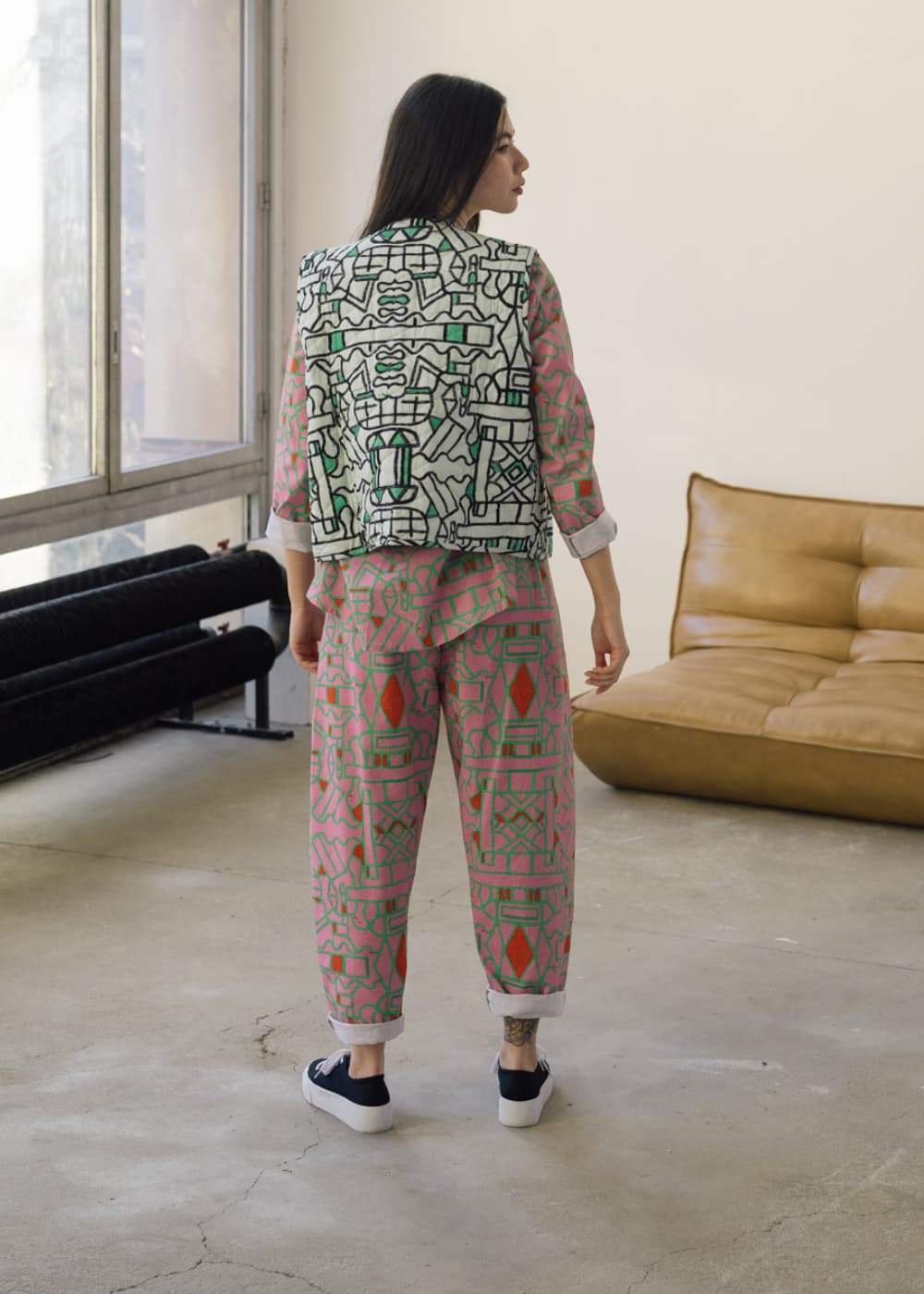 wild clouds pink blush horizon shirt and trousers and matching quilted gilet vest