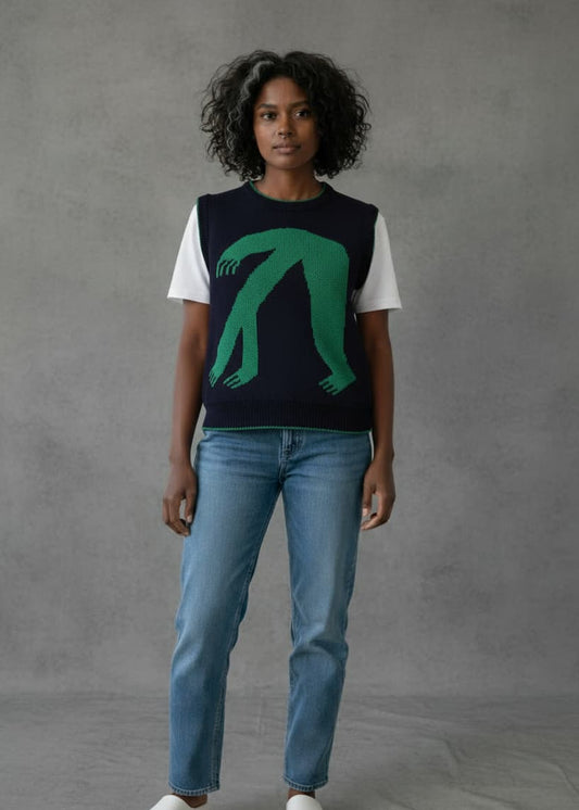 organic cotton knitted sleeveless jumper in blue and green