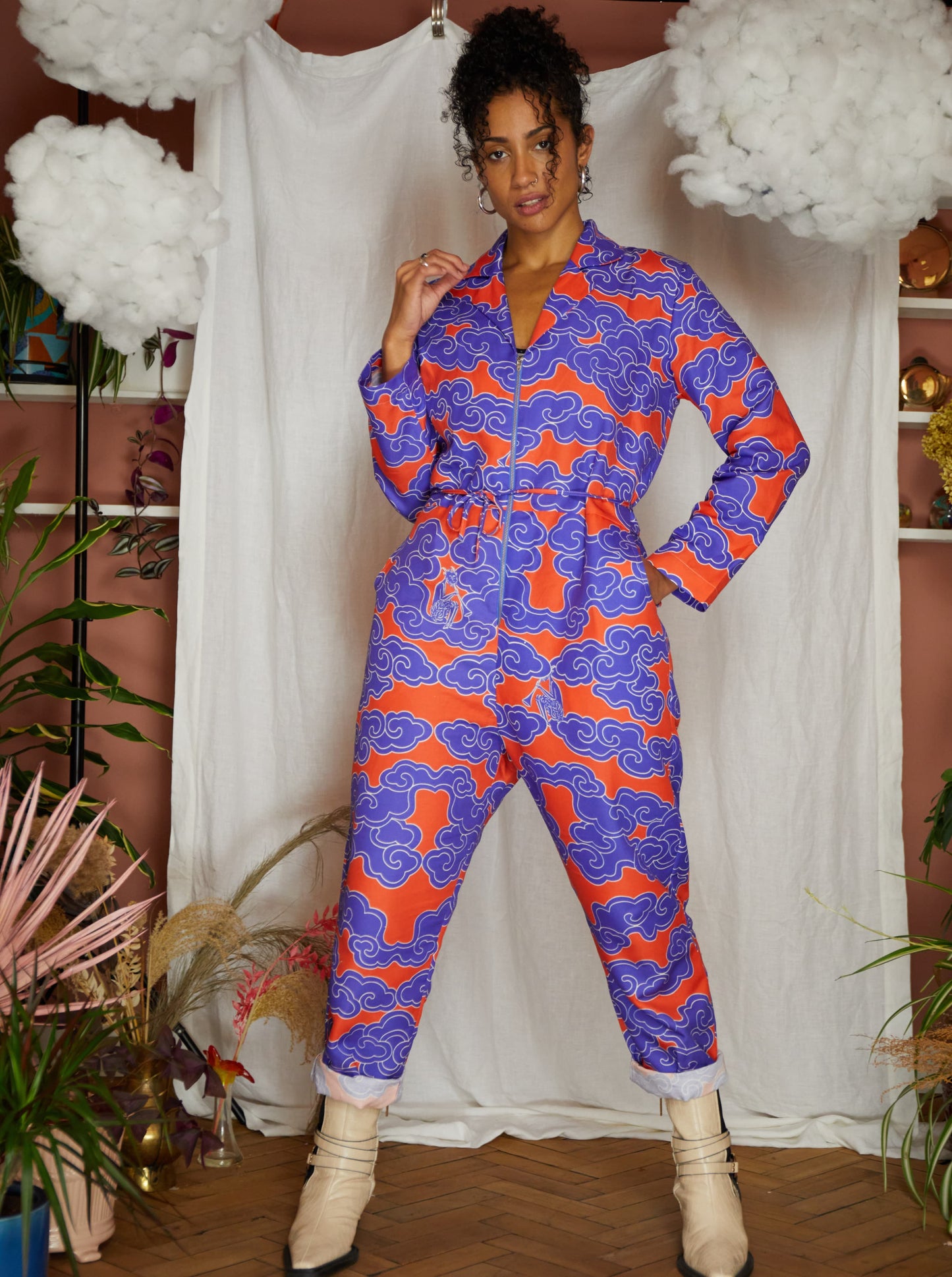 Organic Cotton & Linen Indigo Clouds Zip Jumpsuit Boilersuit - Wild Clouds