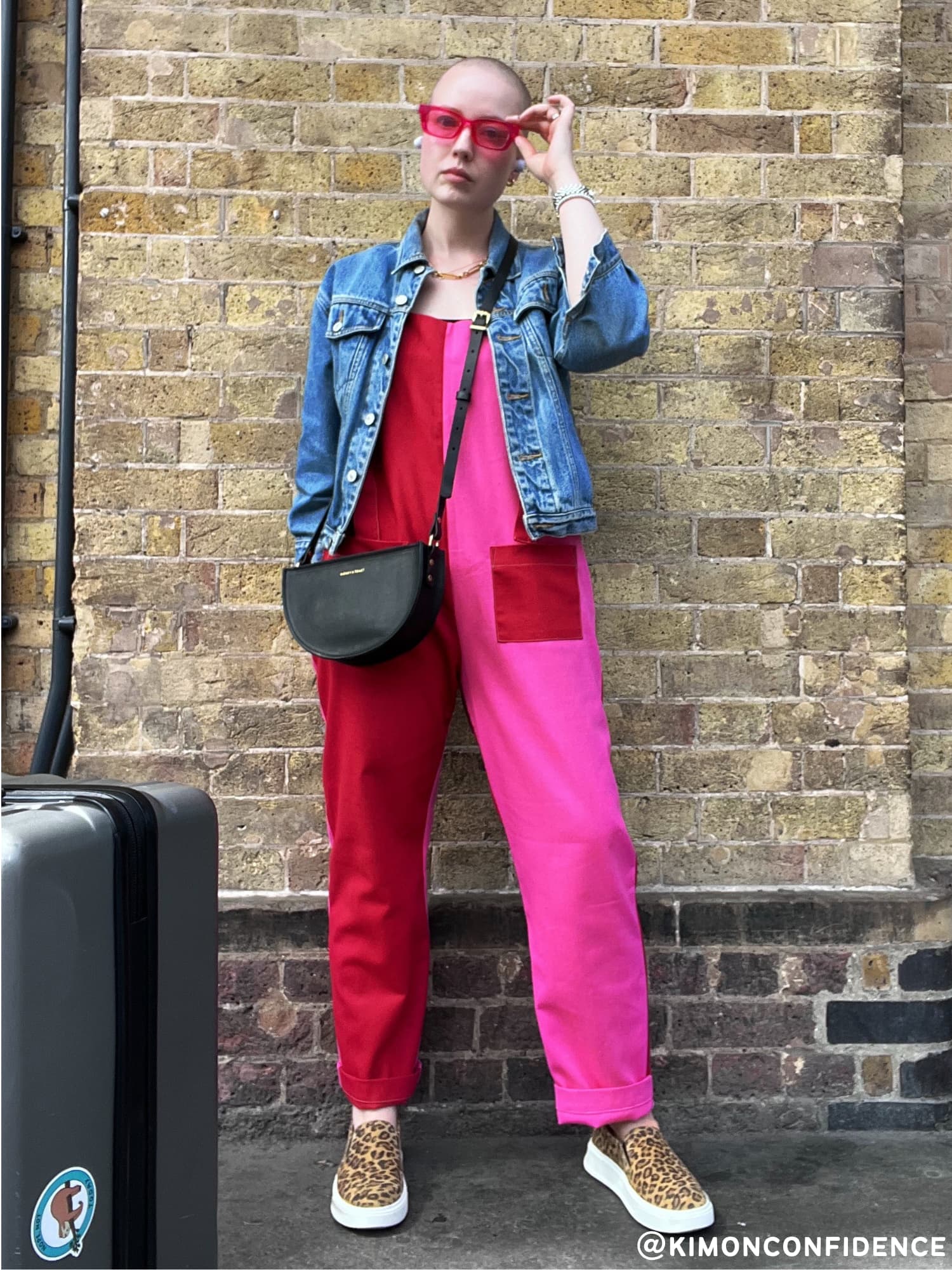 Kim on Confidence wears the Red and Pink Reclaimed Cotton Dungarees by Wild Clouds