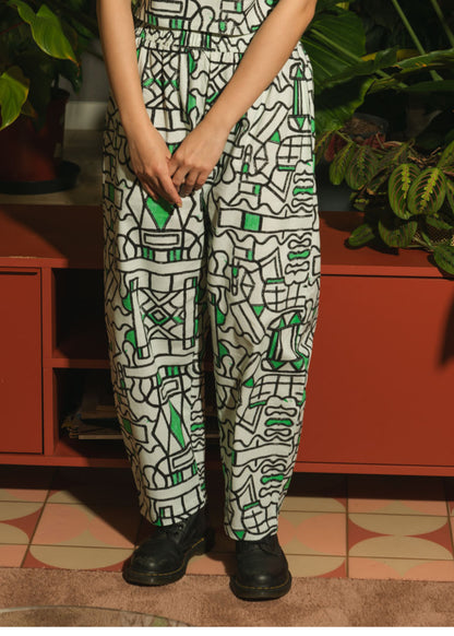 Organic Cotton and Linen Balloon Trousers in Circuit Garden