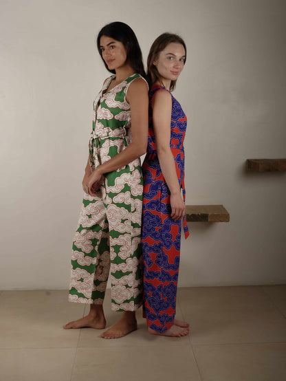 Organic Cotton & Linen Green Clouds Culotte Jumpsuit