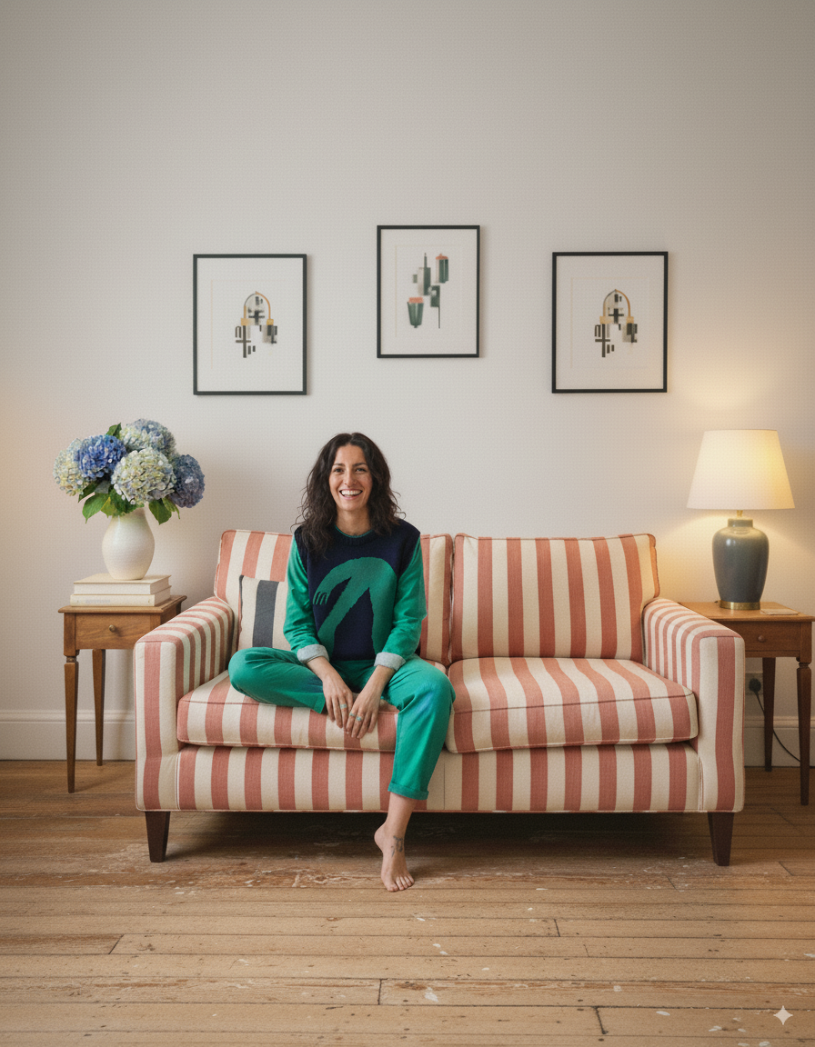 Woman sitting on a striped couch in a living room with framed artwork on the wall.