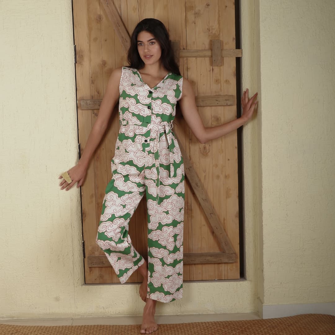Organic Cotton & Linen Green Clouds Culotte Jumpsuit