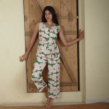 Organic Cotton & Linen Green Clouds Culotte Jumpsuit