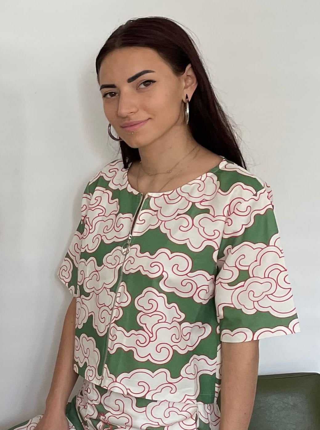 Green Clouds Crop Zip Shirt in Organic Cotton and Linen