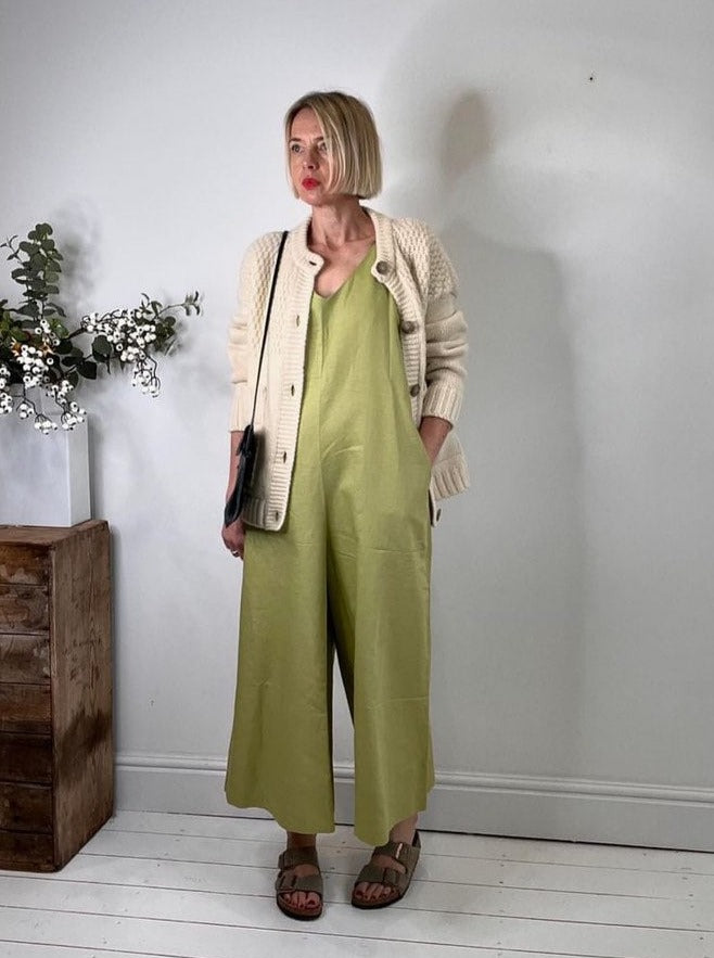 Wild Clouds green pear jumpsuit styled by Jenny with an arran cardigan and Birkenstock sandals