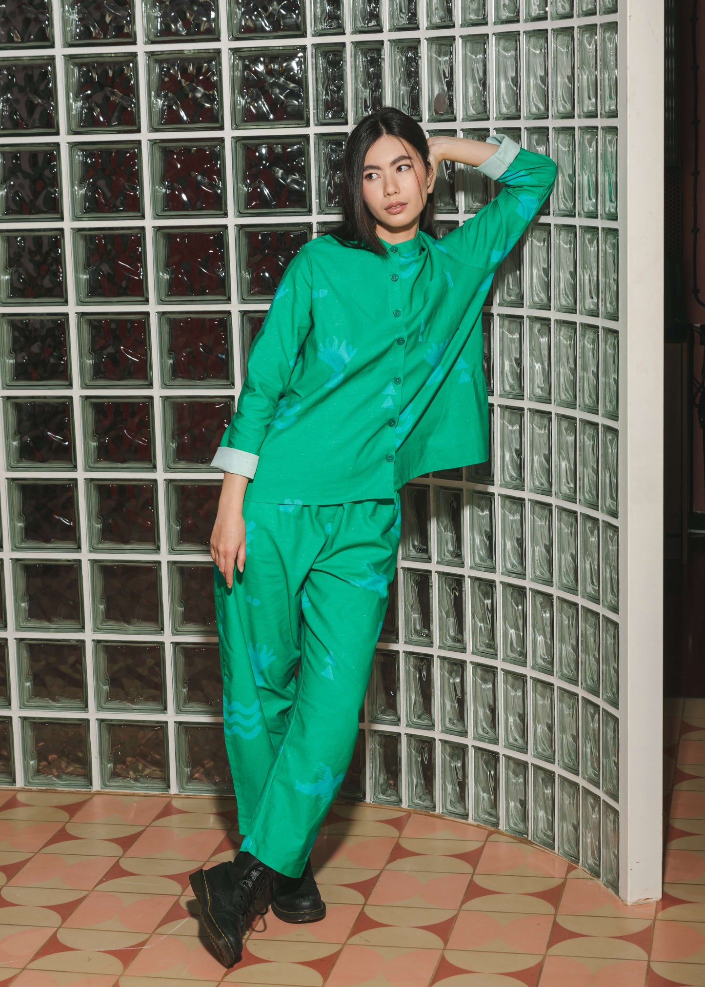 Organic Cotton and Linen Green Shirt and trouser with Meadow Flow design