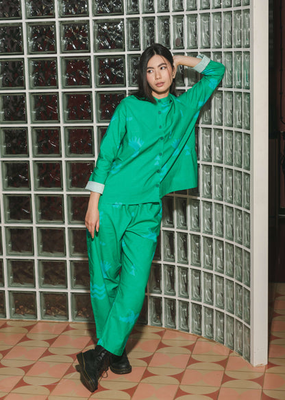 Organic Cotton and Linen Green Shirt and trouser with Meadow Flow design