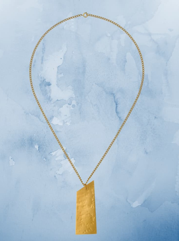 Long pendant hammered brass necklace ethically made in UK