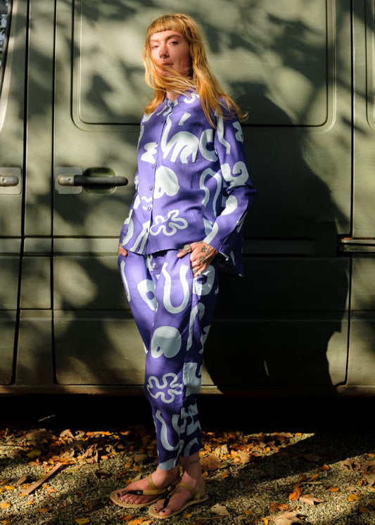 Person wearing a BLUE patterned outfit standing in front of a green van.