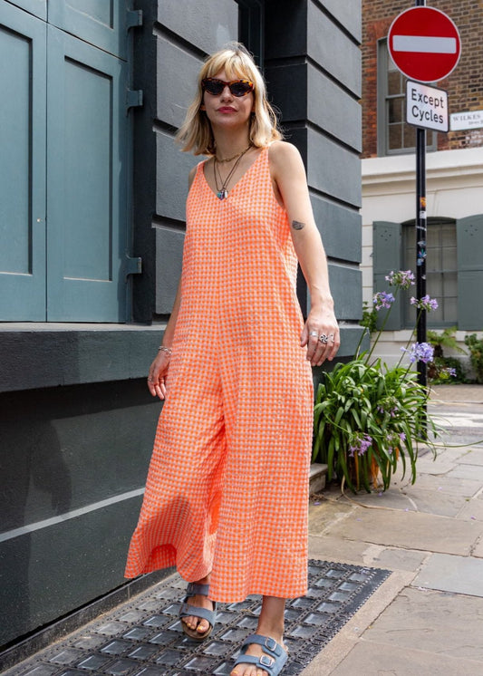 Seersucker Neon Orange Culotte Jumpsuit by Wild Clouds