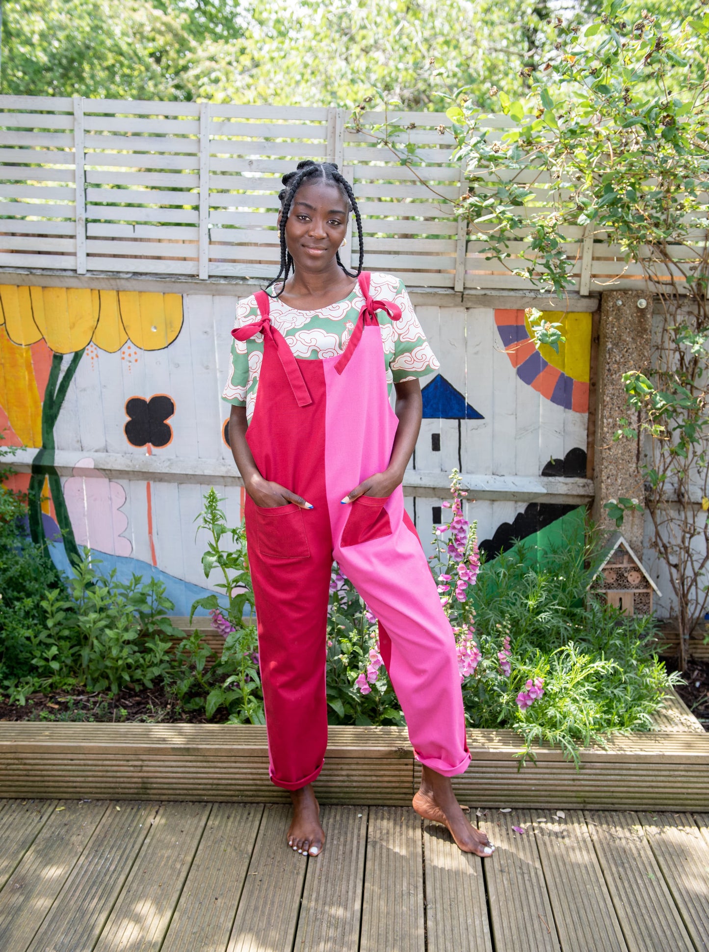 Wild Clouds pink red cotton canvas ethically made dungarees made in London