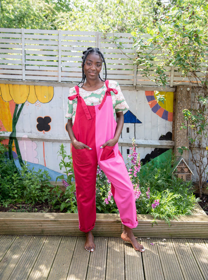 Wild Clouds pink red cotton canvas ethically made dungarees made in London
