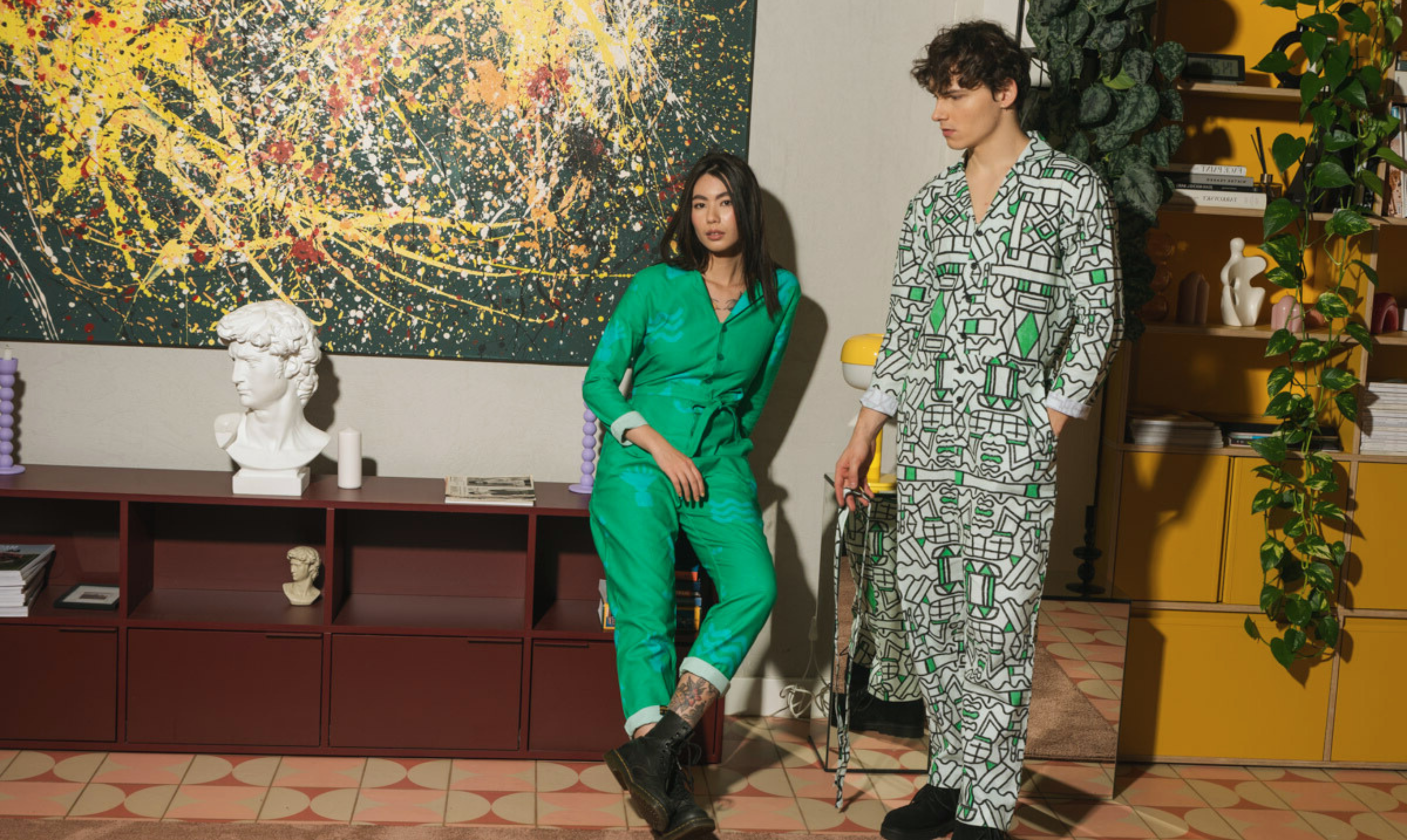 Wild Clouds Organic Cotton and Linen Jumpsuits in an abstract room