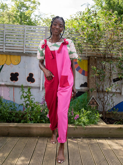 Wild Clouds pink red cotton canvas sustainable dungarees made in London