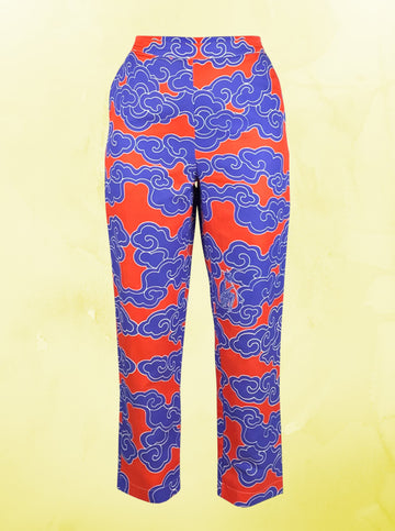 Organic Cotton And Linen Indigo Clouds Trousers with Flat Front