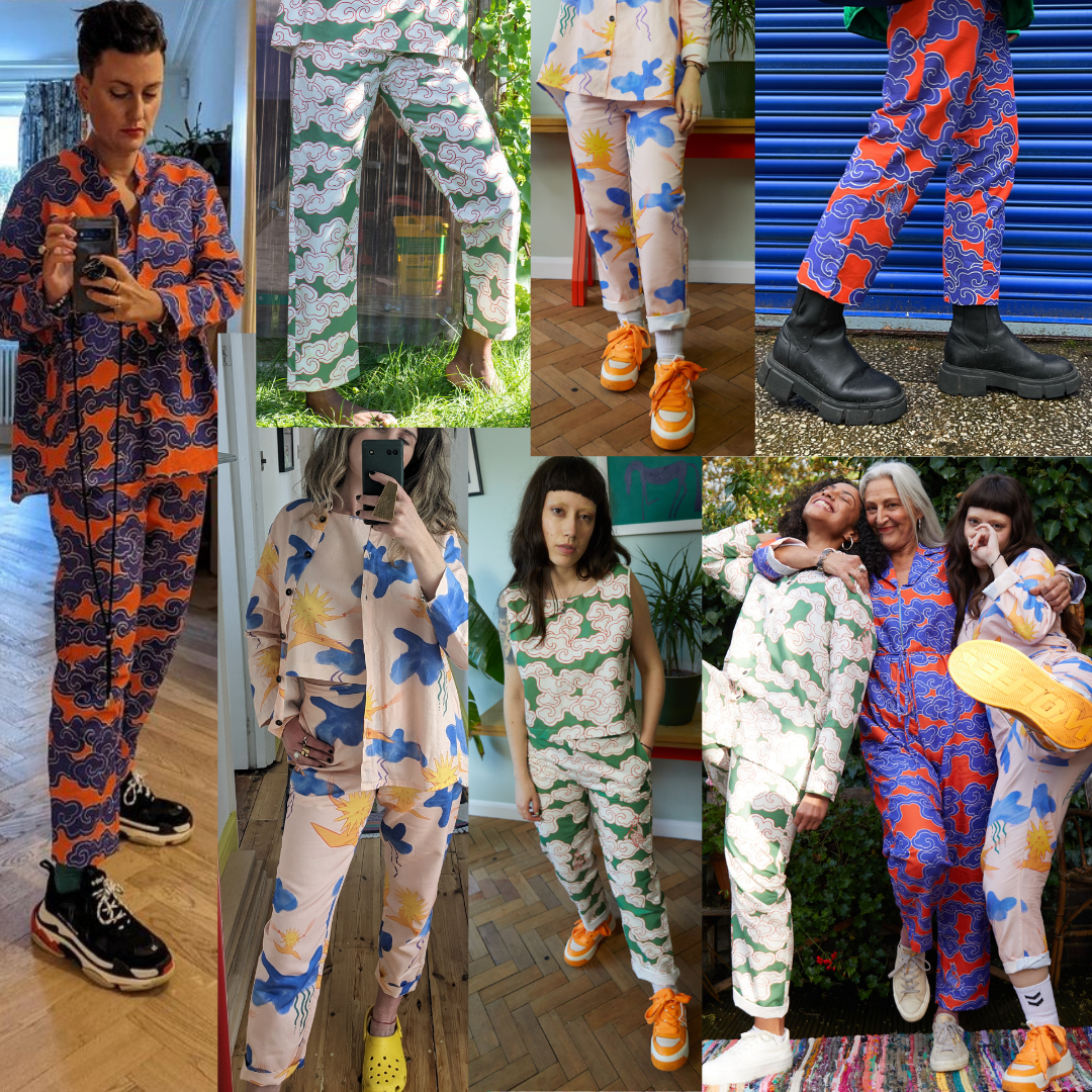 Collage of various people wearing Wild Clouds trousers