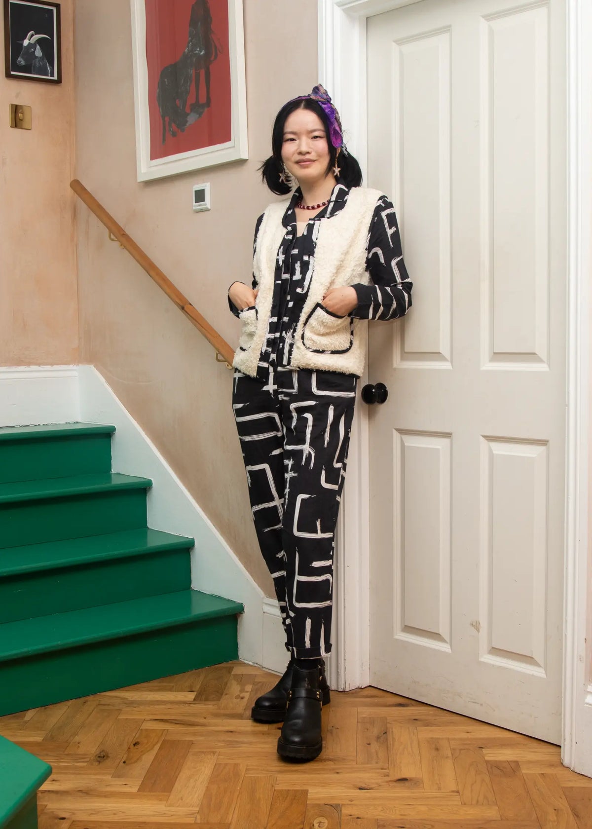 Organic Cotton & Linen Terry Gilet - Galaxy Black & White